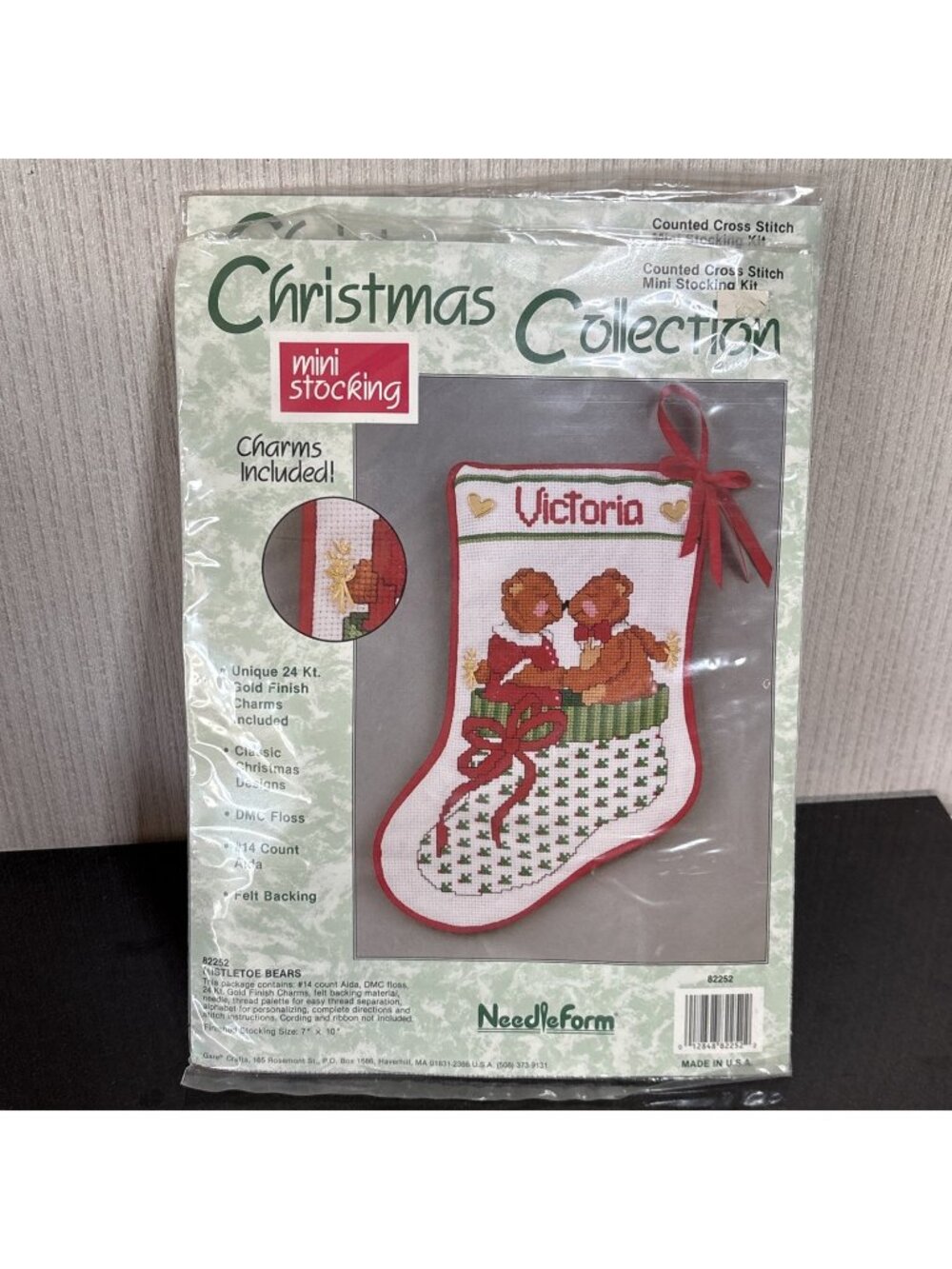 Christmas Stocking Kit Cross Stitch Mistletoe Bears Personalized Mini 24k Charm